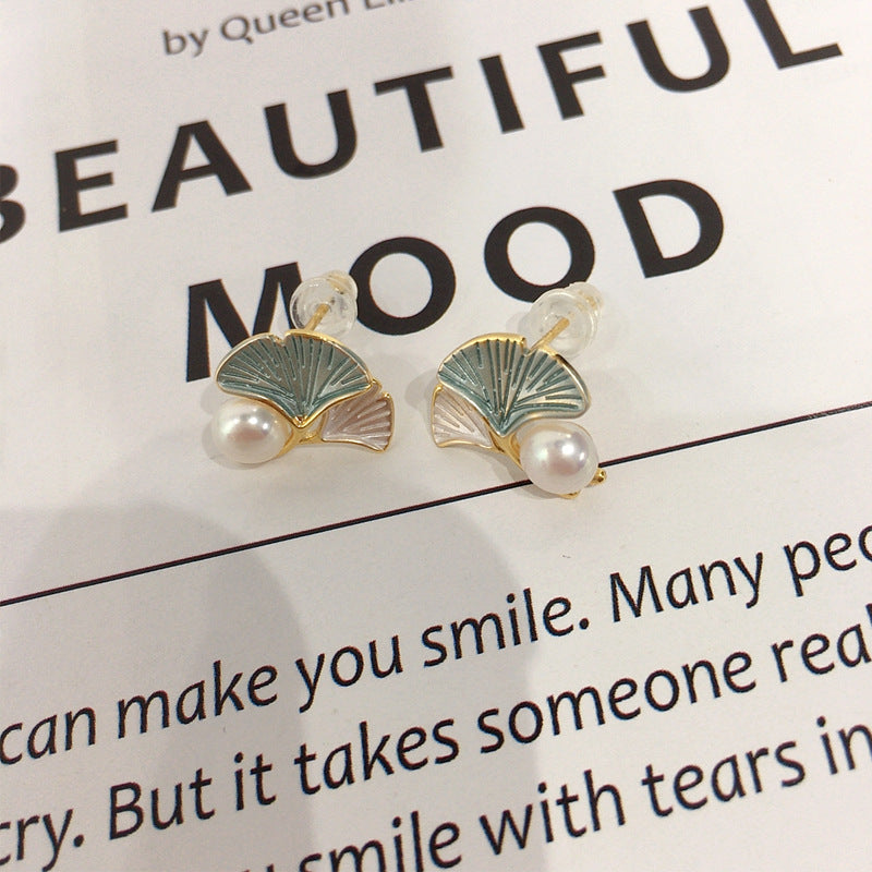 88 High brightness natural freshwater pearl earrings for women fresh ginkgo leaf pearl earrings