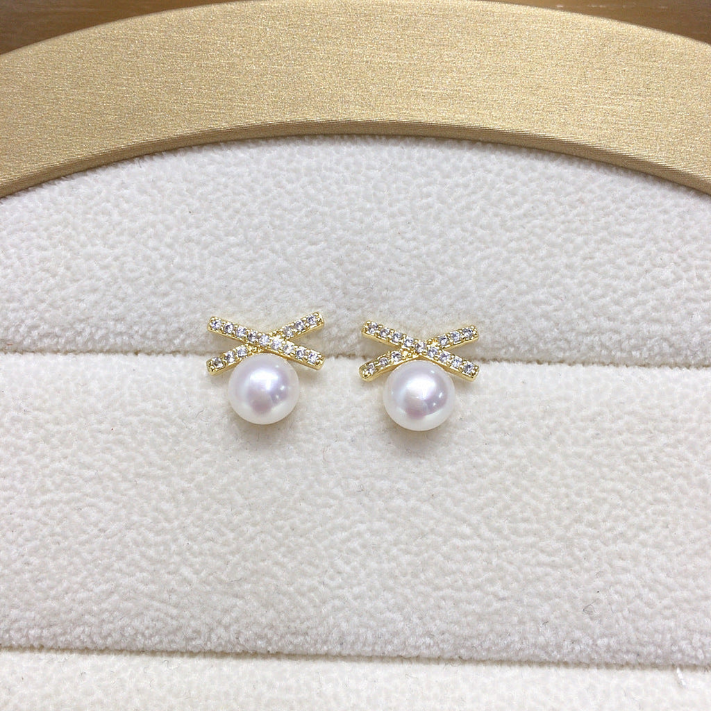 38 Natural Freshwater Pearl Earrings Classic Bestseller Geometric Cross Pearl Earrings Micro-Inlaid Zircon Jewelry