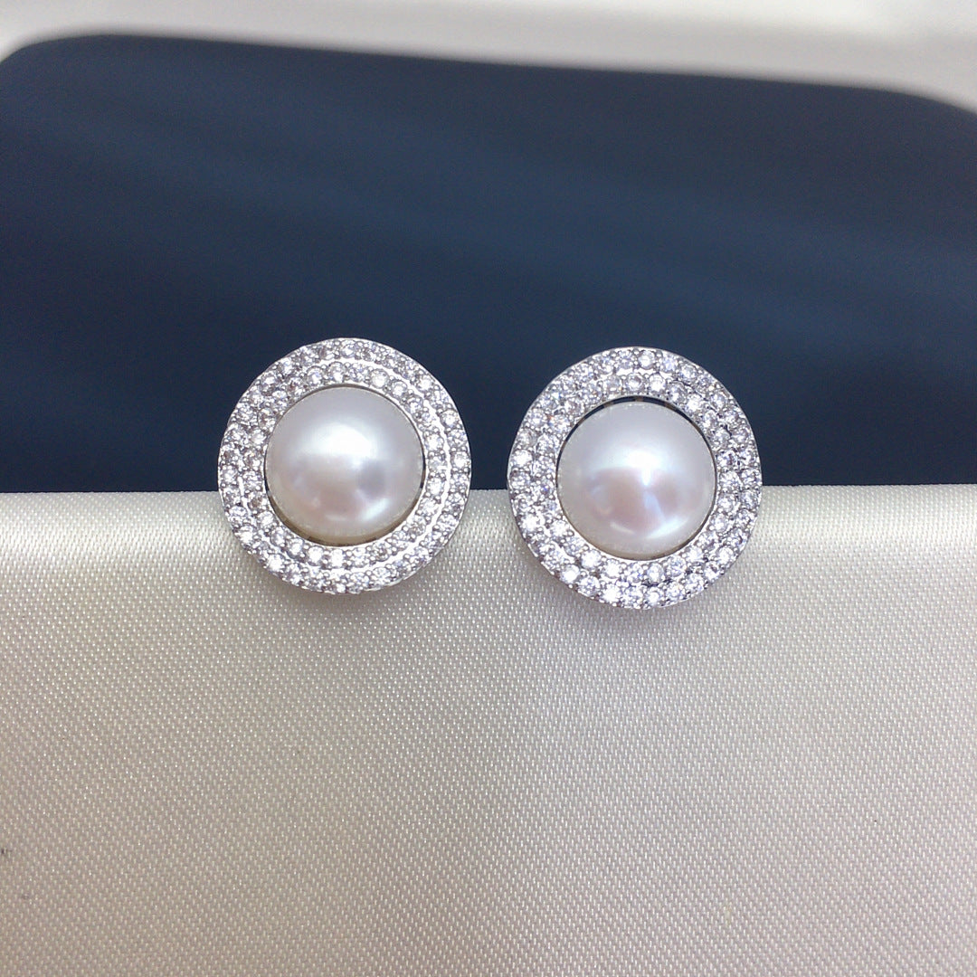 86 Light luxury niche natural freshwater pearl earrings women with versatile temperament full of zirconium pearl jewelry