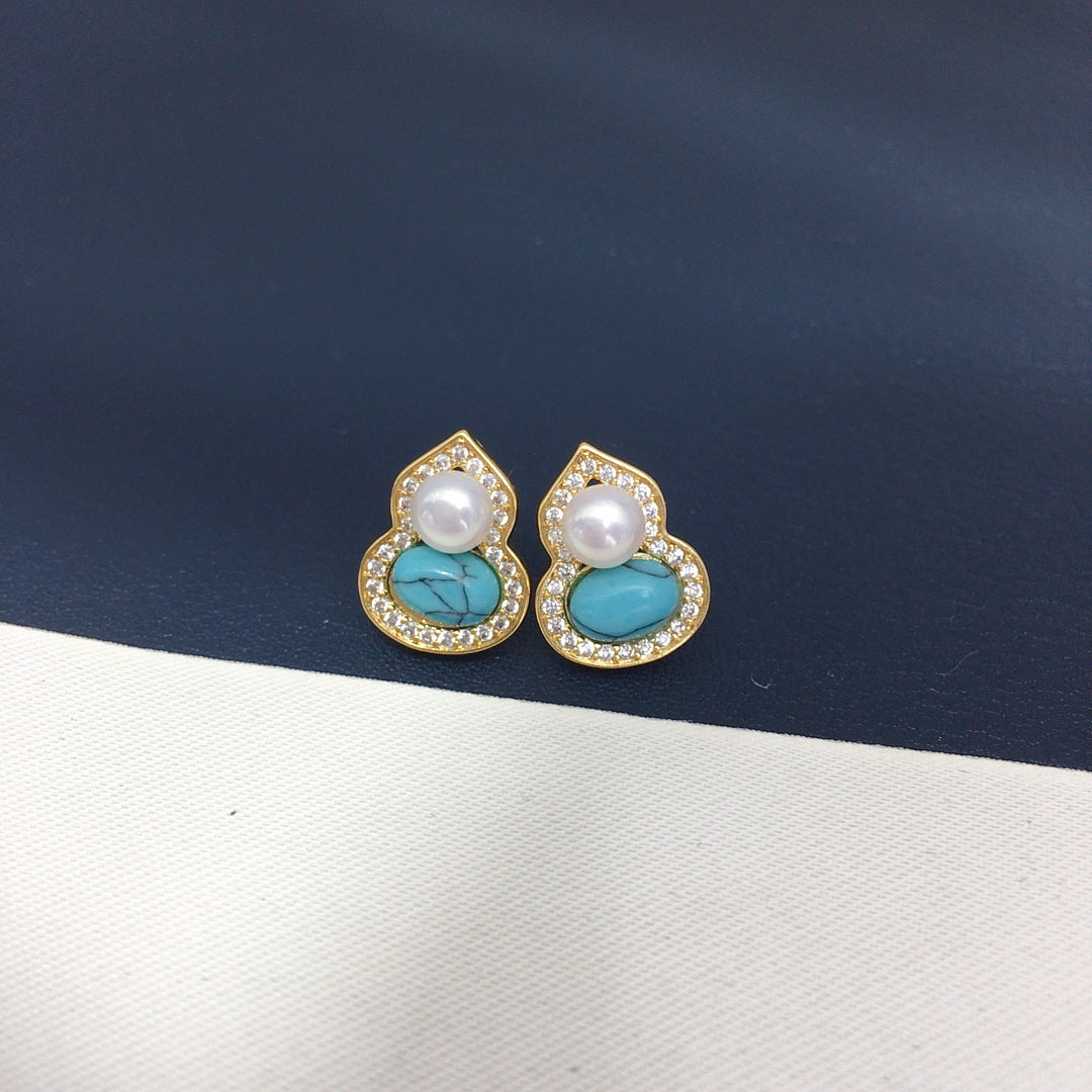 78 New Turquoise Gourd Natural Freshwater Pearl Earrings for Women's Fortune Retro Luxury Pearl Earrings