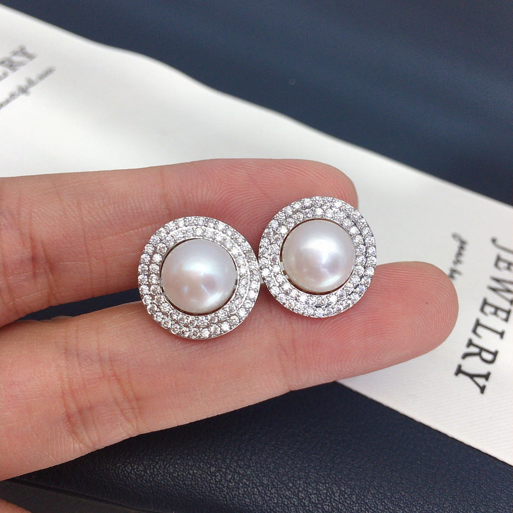 86 Light luxury niche natural freshwater pearl earrings women with versatile temperament full of zirconium pearl jewelry