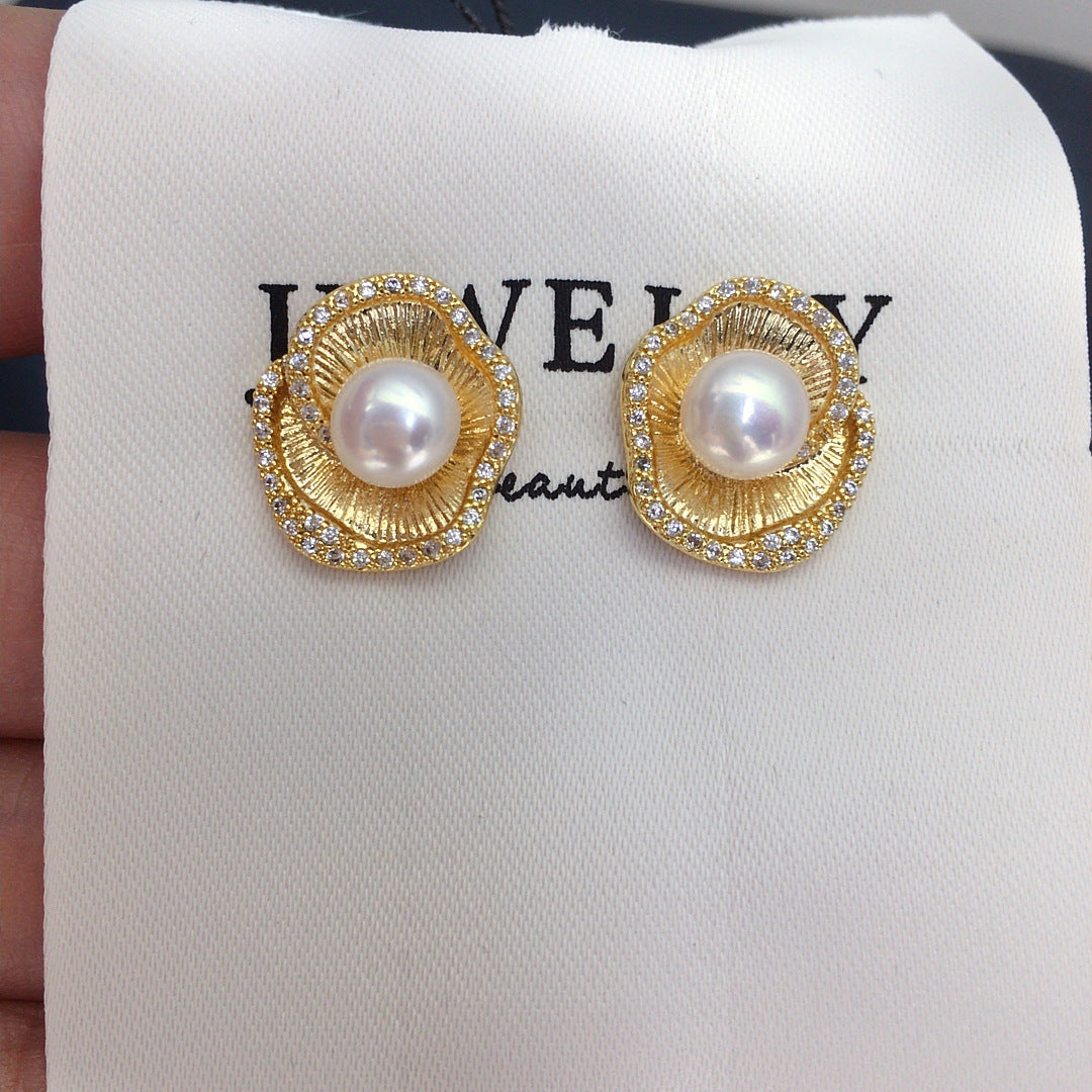 94 Exquisite natural freshwater pearl earrings elegant retro style micro inlaid zircon lotus leaf edge pearl earrings