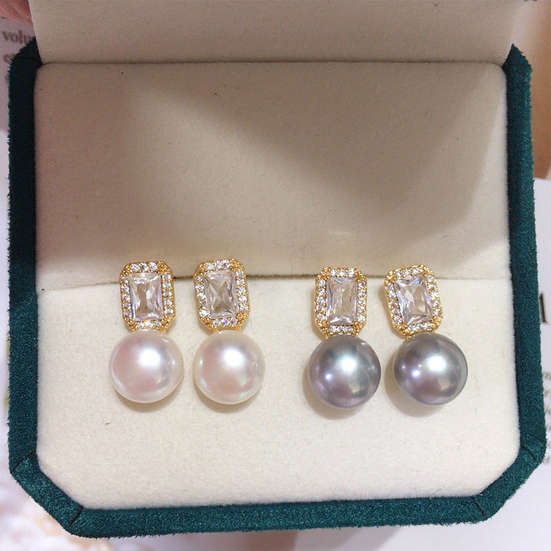 97 Natural Freshwater Pearl Earrings for Women Hexagonal Star Micro-inlaid Zircon Pearl Earrings Natural Seashell Mother-of-Pearl Earrings