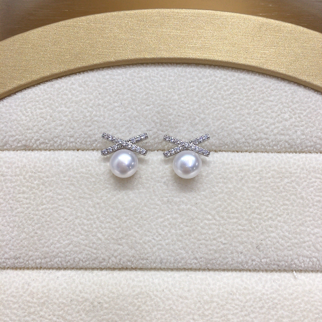 38 Natural Freshwater Pearl Earrings Classic Bestseller Geometric Cross Pearl Earrings Micro-Inlaid Zircon Jewelry