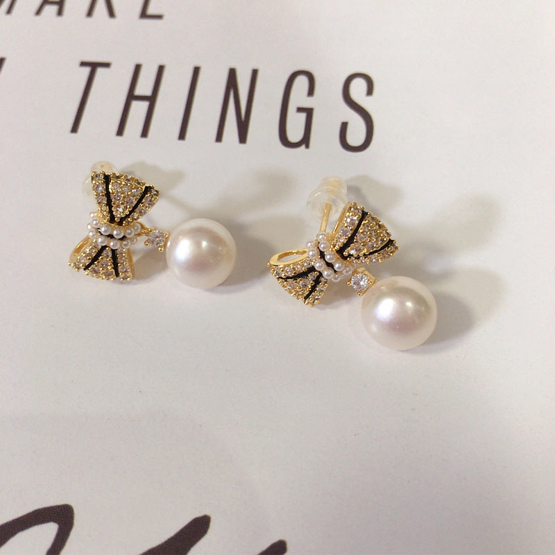 95 Natural Freshwater Pearl Earrings for Women, Light Luxury High-End Micro-Inlaid Zircon Bow Pearl Earrings
