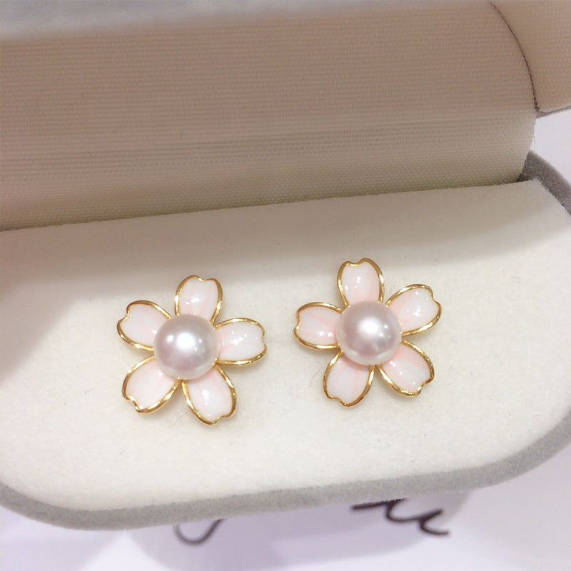 99 Natural Freshwater Pearl Earrings Women Sweet Cherry Blossom Powder Drip Oil Pearl Earrings