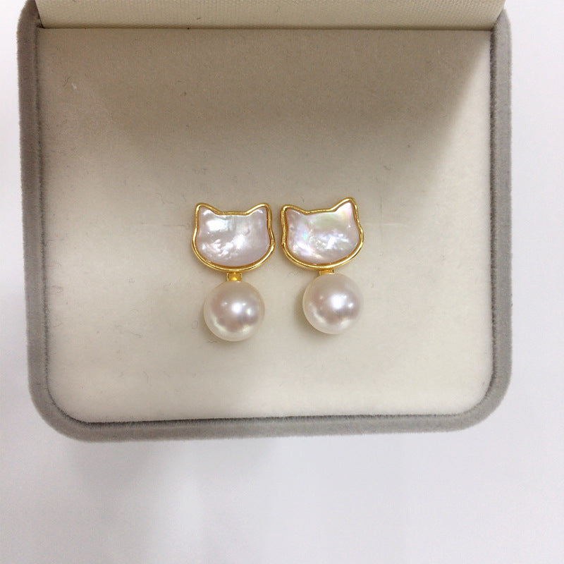 91 Natural Freshwater Pearl Earrings for Women Sea Shell Black Cat Wrapped Pearl Earrings