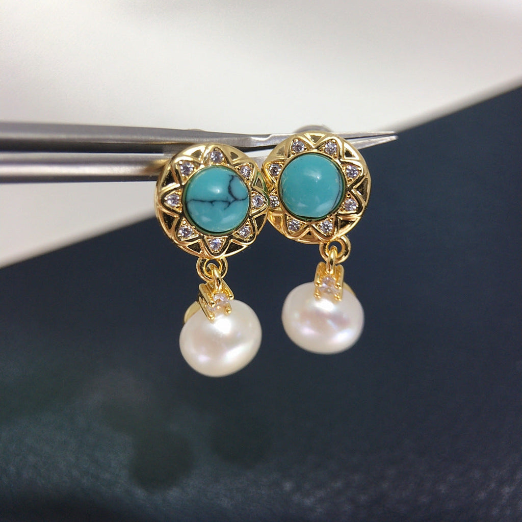 100 Natural freshwater pearl earrings for women light luxury medieval retro simple turquoise pearl earrings