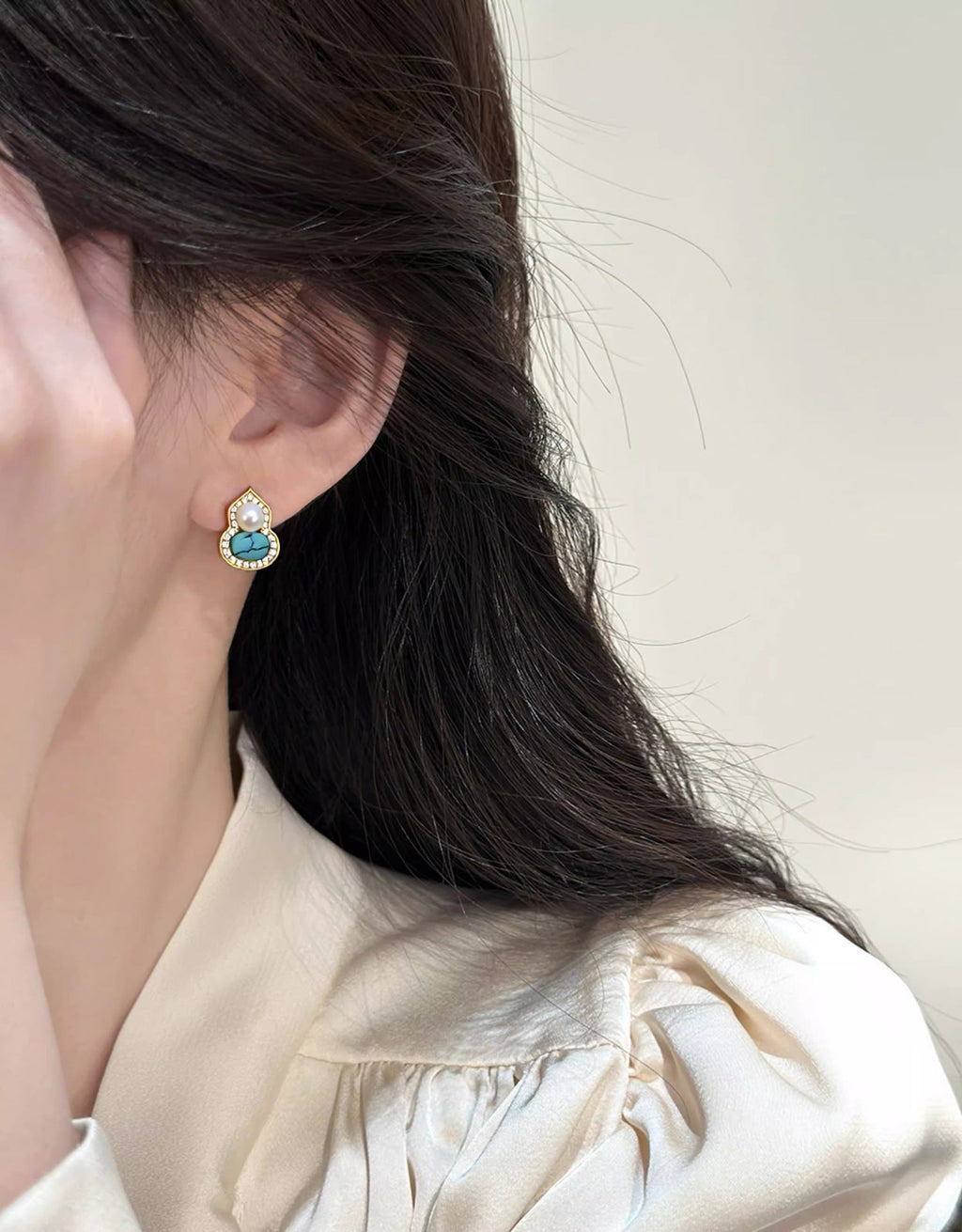 78 New Turquoise Gourd Natural Freshwater Pearl Earrings for Women's Fortune Retro Luxury Pearl Earrings