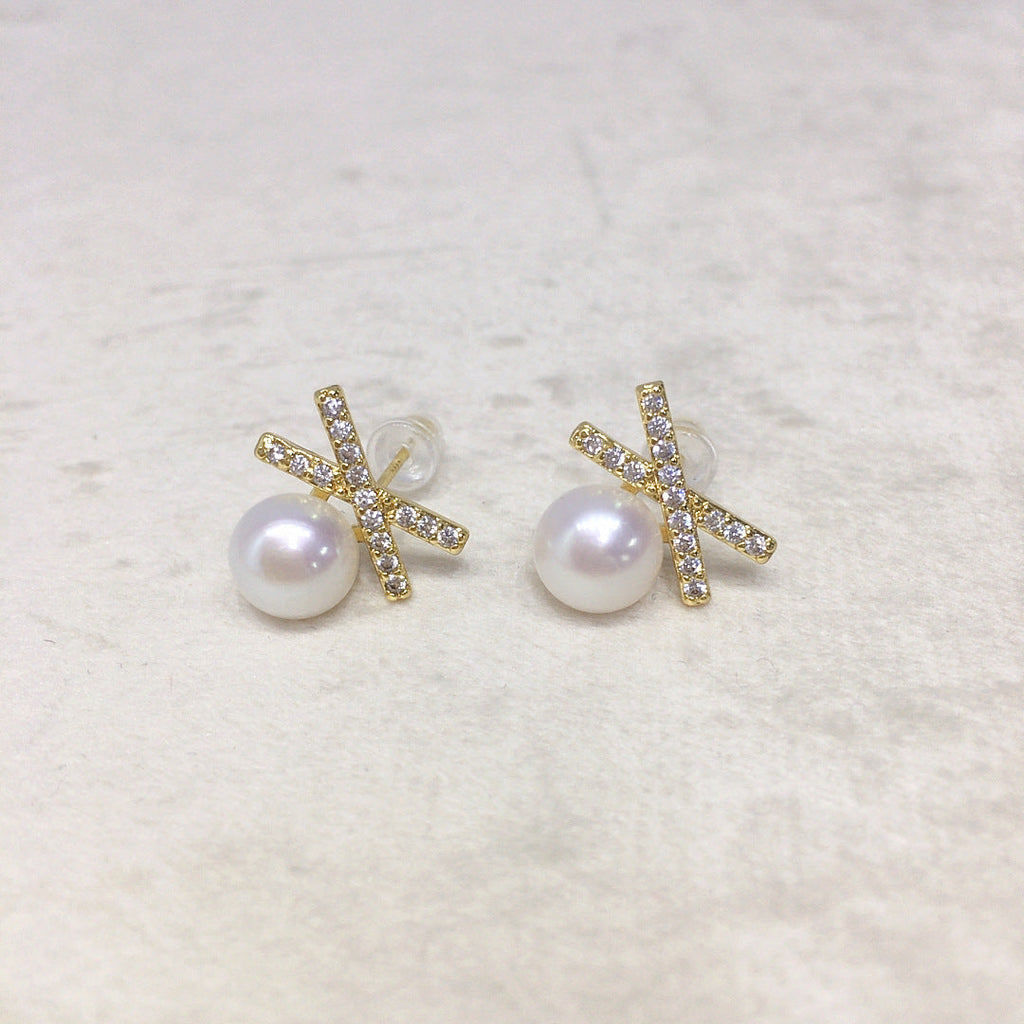 38 Natural Freshwater Pearl Earrings Classic Bestseller Geometric Cross Pearl Earrings Micro-Inlaid Zircon Jewelry
