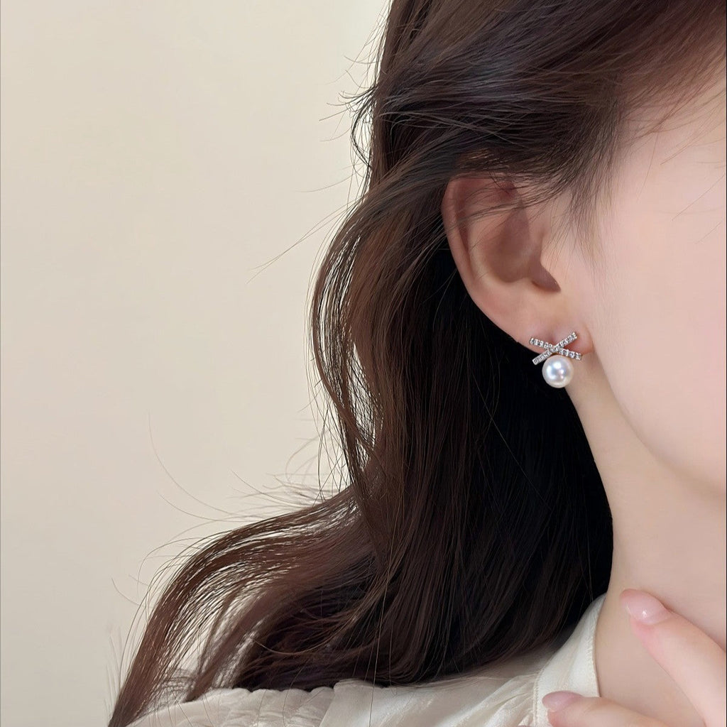 38 Natural Freshwater Pearl Earrings Classic Bestseller Geometric Cross Pearl Earrings Micro-Inlaid Zircon Jewelry