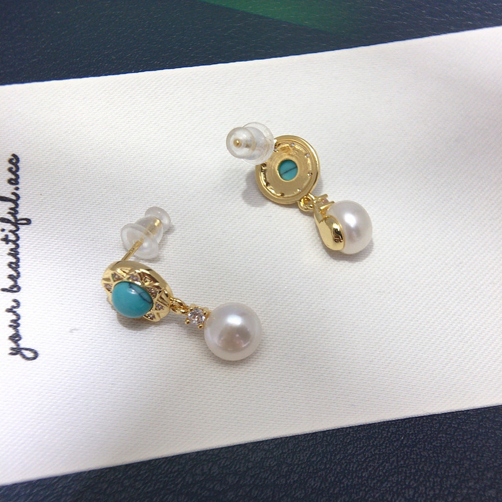 100 Natural freshwater pearl earrings for women light luxury medieval retro simple turquoise pearl earrings