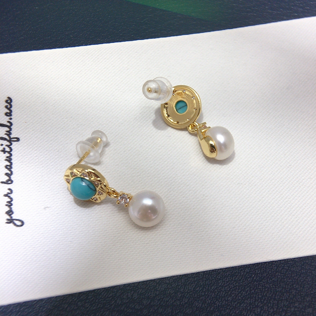 100 Natural freshwater pearl earrings for women light luxury medieval retro simple turquoise pearl earrings