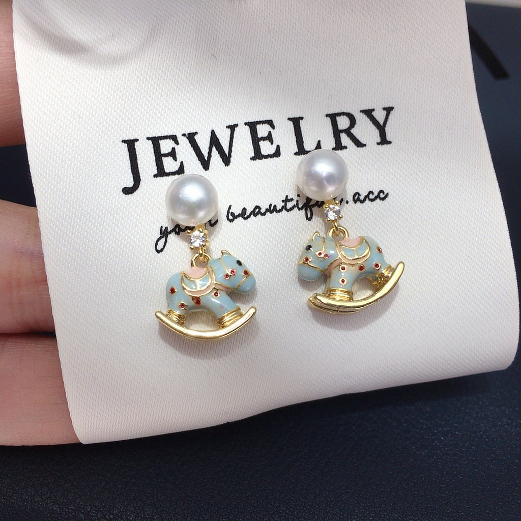 70 Natural freshwater pearl earrings Cute wooden horse shaped rocking chair earrings Simple and fashionable pearl earrings