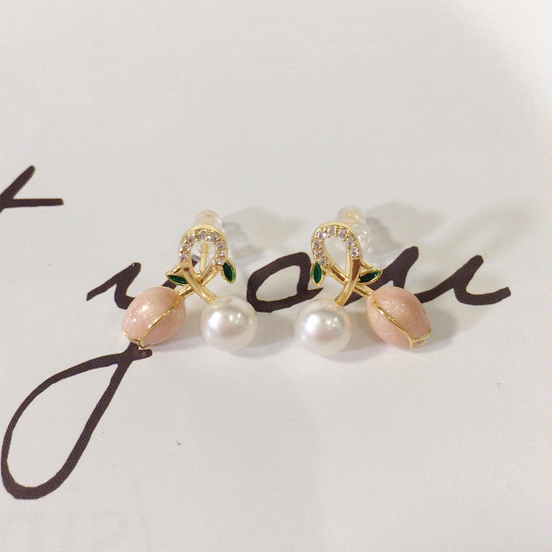 62 Natural freshwater pearl earrings Fashionable and versatile women's earrings Pink tulip small fresh earrings Sweet jewelry