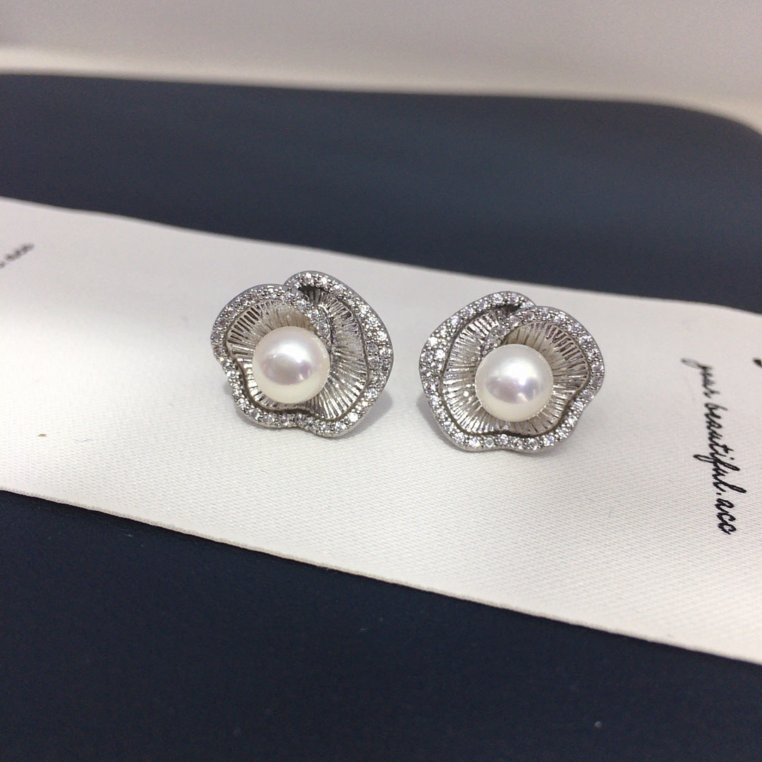 94 Exquisite natural freshwater pearl earrings elegant retro style micro inlaid zircon lotus leaf edge pearl earrings