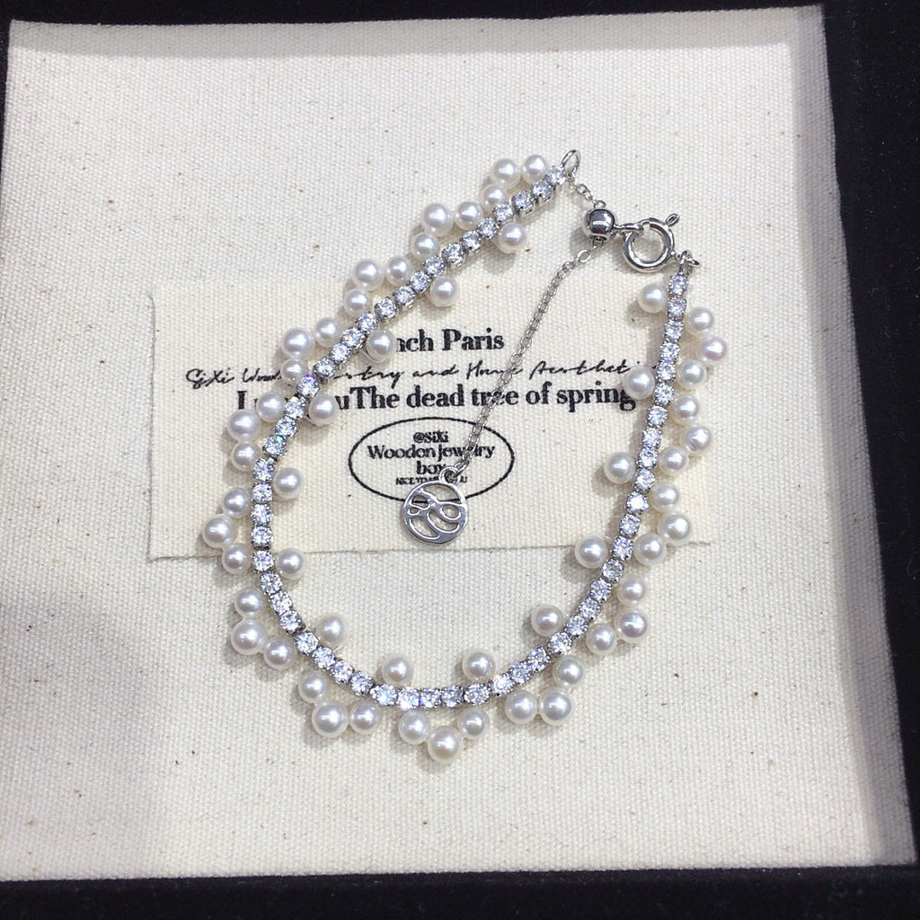 49 Hand-woven Pearl Bracelet, Natural Freshwater Pearl Bracelet for Women, Sparkling Zirconium Bracelet