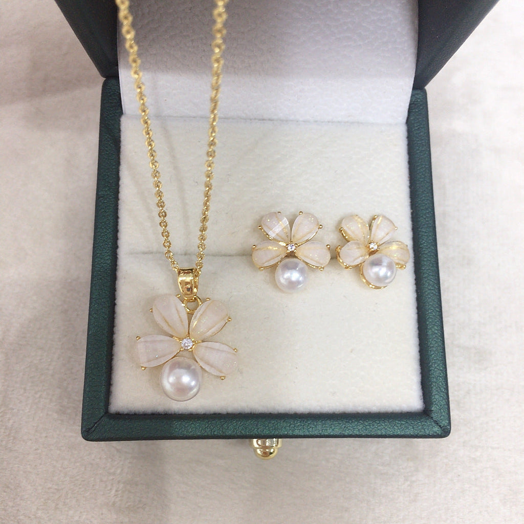 98 Natural freshwater pearl pendant earring set small fresh flower pearl set fashionable temperament pearl jewelry