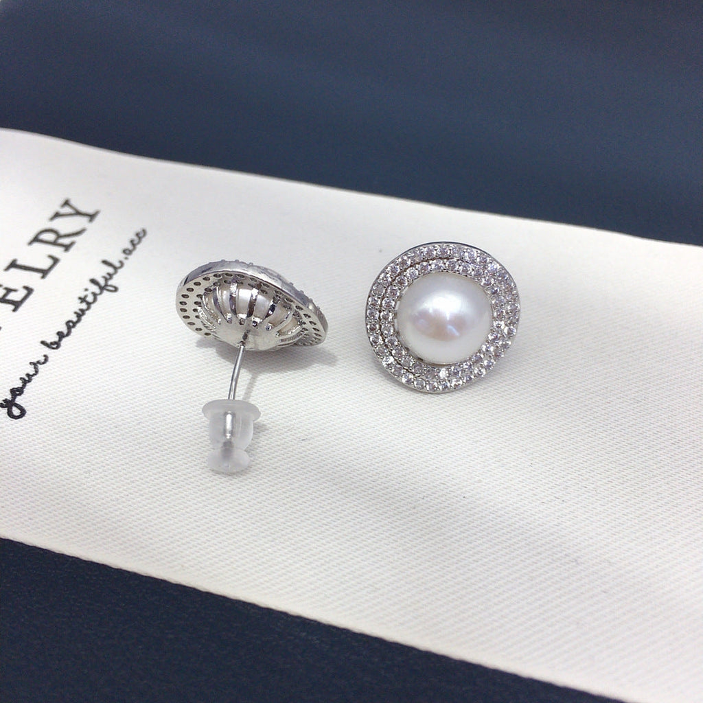 86 Light luxury niche natural freshwater pearl earrings women with versatile temperament full of zirconium pearl jewelry