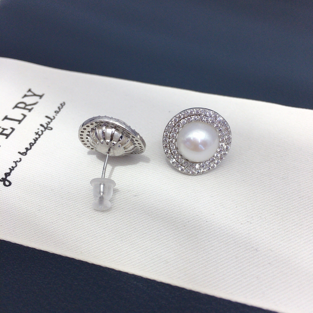 86 Light luxury niche natural freshwater pearl earrings women with versatile temperament full of zirconium pearl jewelry
