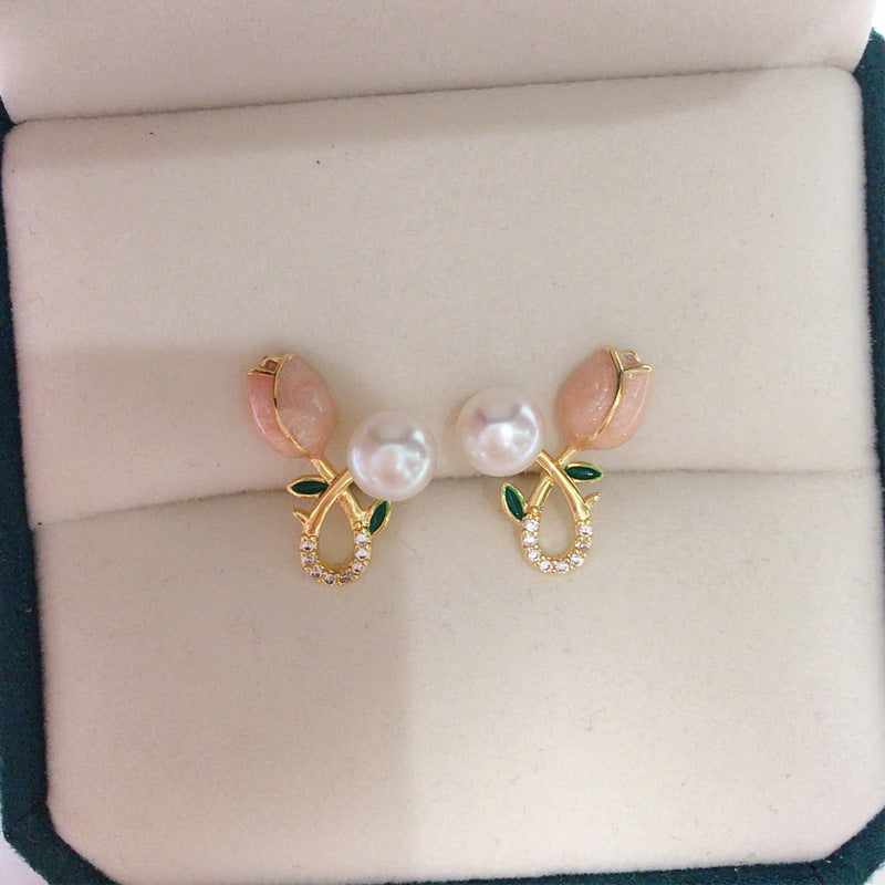 62 Natural freshwater pearl earrings Fashionable and versatile women's earrings Pink tulip small fresh earrings Sweet jewelry
