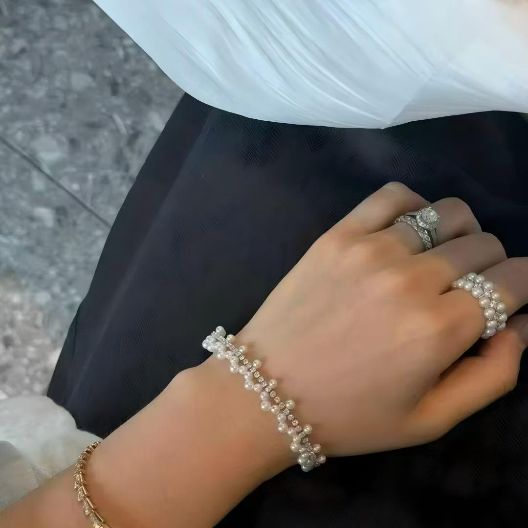 49 Hand-woven Pearl Bracelet, Natural Freshwater Pearl Bracelet for Women, Sparkling Zirconium Bracelet