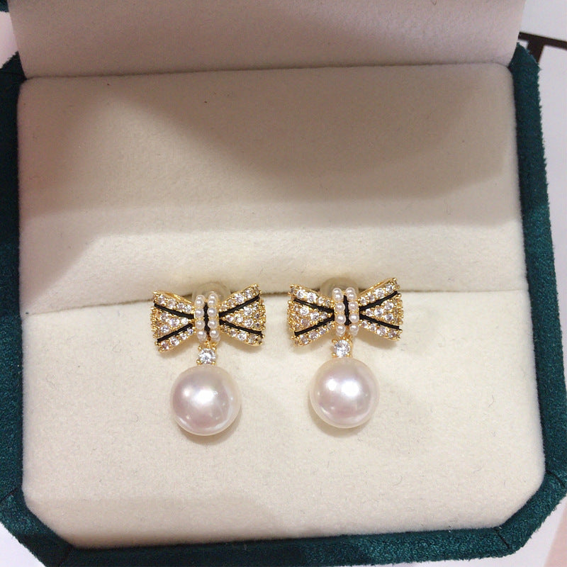 95 Natural Freshwater Pearl Earrings for Women, Light Luxury High-End Micro-Inlaid Zircon Bow Pearl Earrings