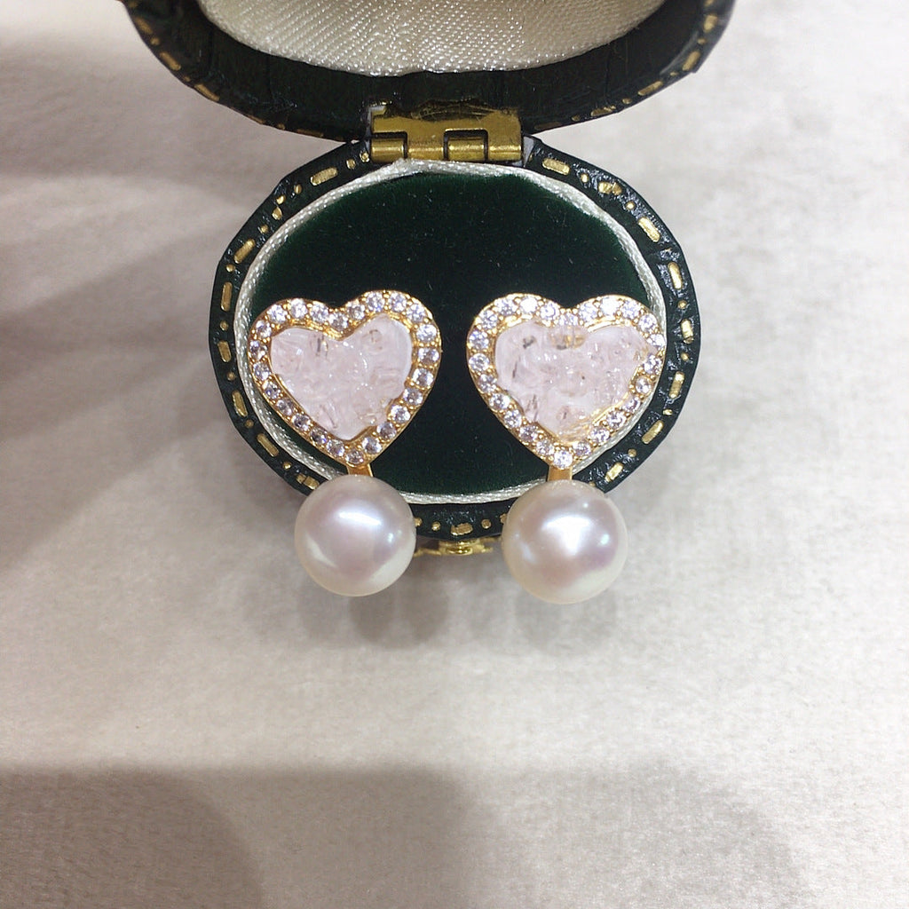 64 Natural freshwater pearl earrings Light pink ice crystal heart-shaped pearl earrings Sweet women's jewelry