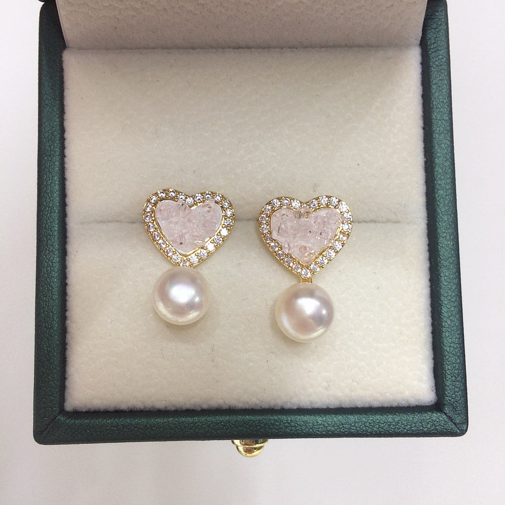 64 Natural freshwater pearl earrings Light pink ice crystal heart-shaped pearl earrings Sweet women's jewelry