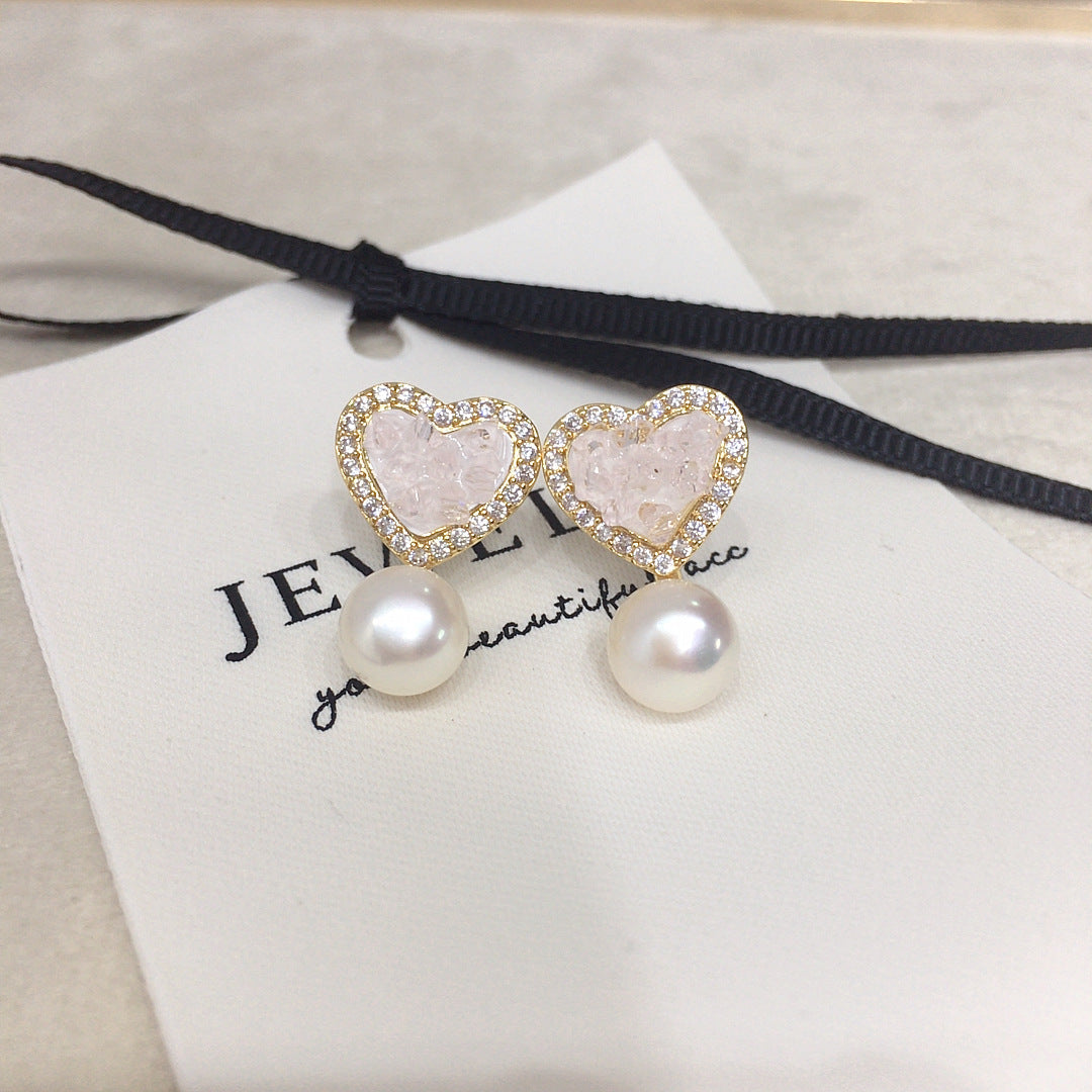 64 Natural freshwater pearl earrings Light pink ice crystal heart-shaped pearl earrings Sweet women's jewelry