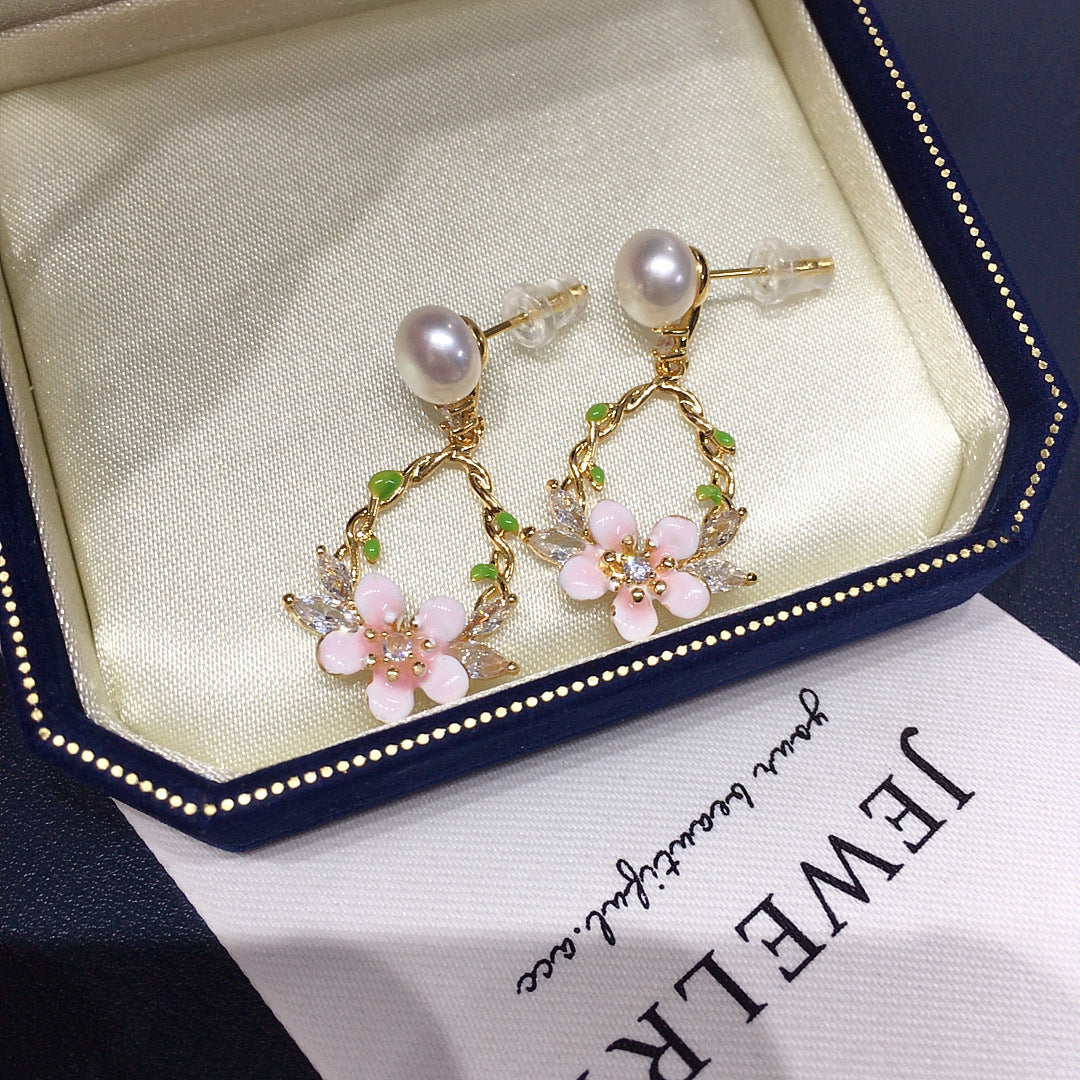 82 Natural Freshwater Pearl Earrings for Women Fresh Zircon Pink Flowers High Grade Pearl Earrings