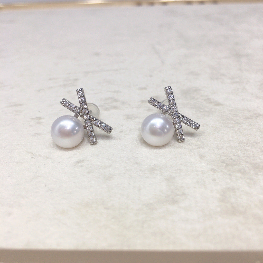 38 Natural Freshwater Pearl Earrings Classic Bestseller Geometric Cross Pearl Earrings Micro-Inlaid Zircon Jewelry
