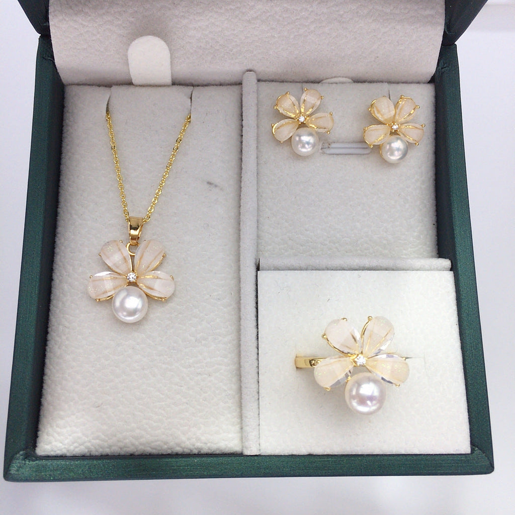 93 Natural Freshwater Pearl Pendant Ring Earrings Fresh Small Flowers Natural Freshwater Pearl Jewelry Set Simple Premium Gift