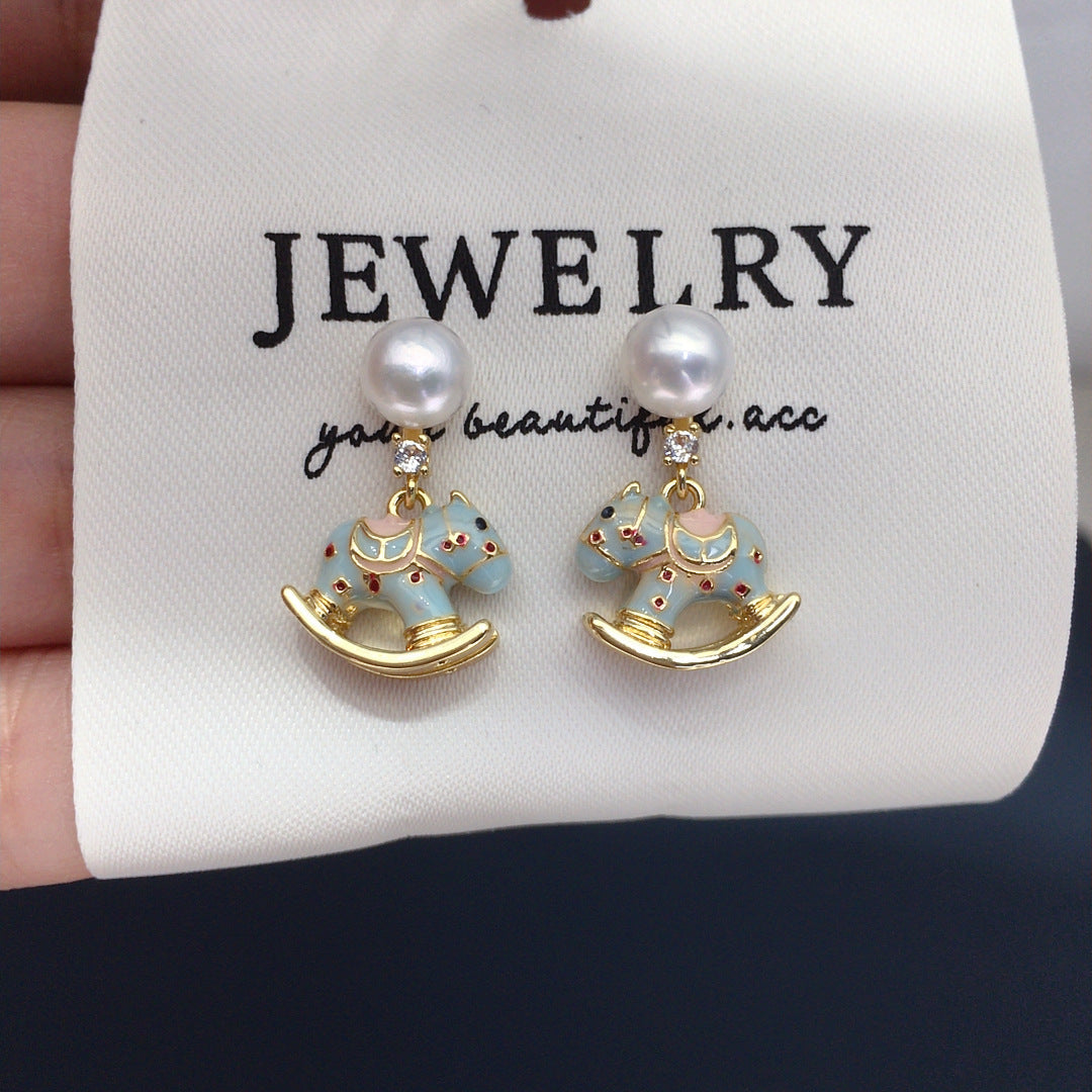70 Natural freshwater pearl earrings Cute wooden horse shaped rocking chair earrings Simple and fashionable pearl earrings