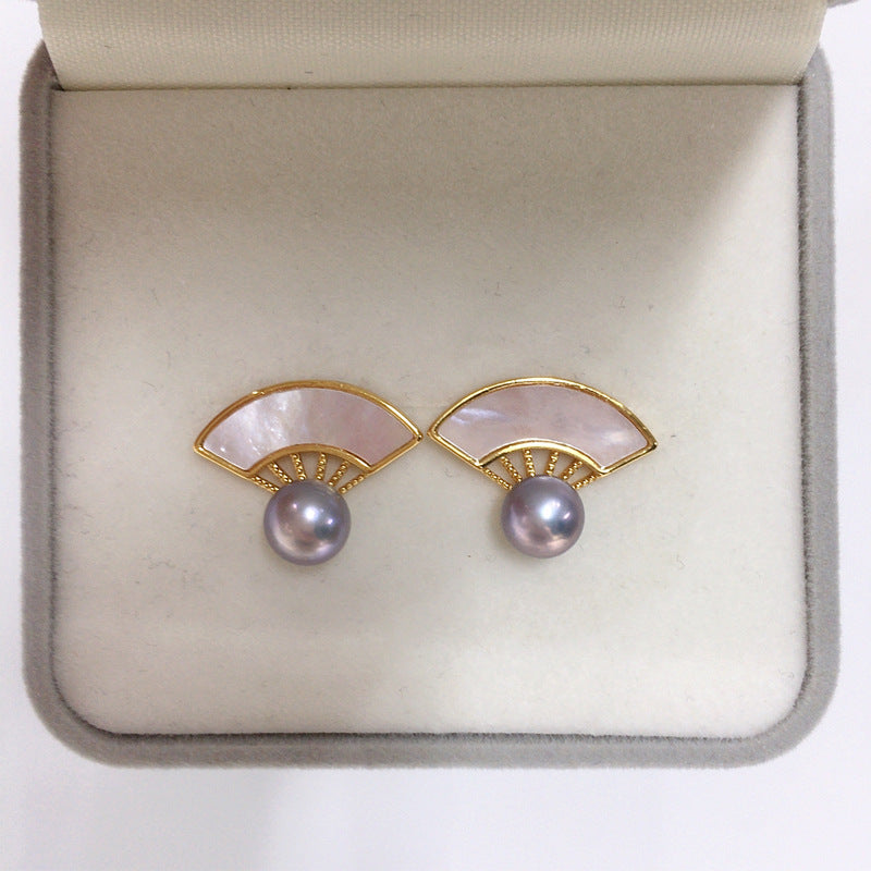 75 Natural freshwater pearl earrings Natural seashell fan-shaped pearl earrings Fashionable ladies' jewelry