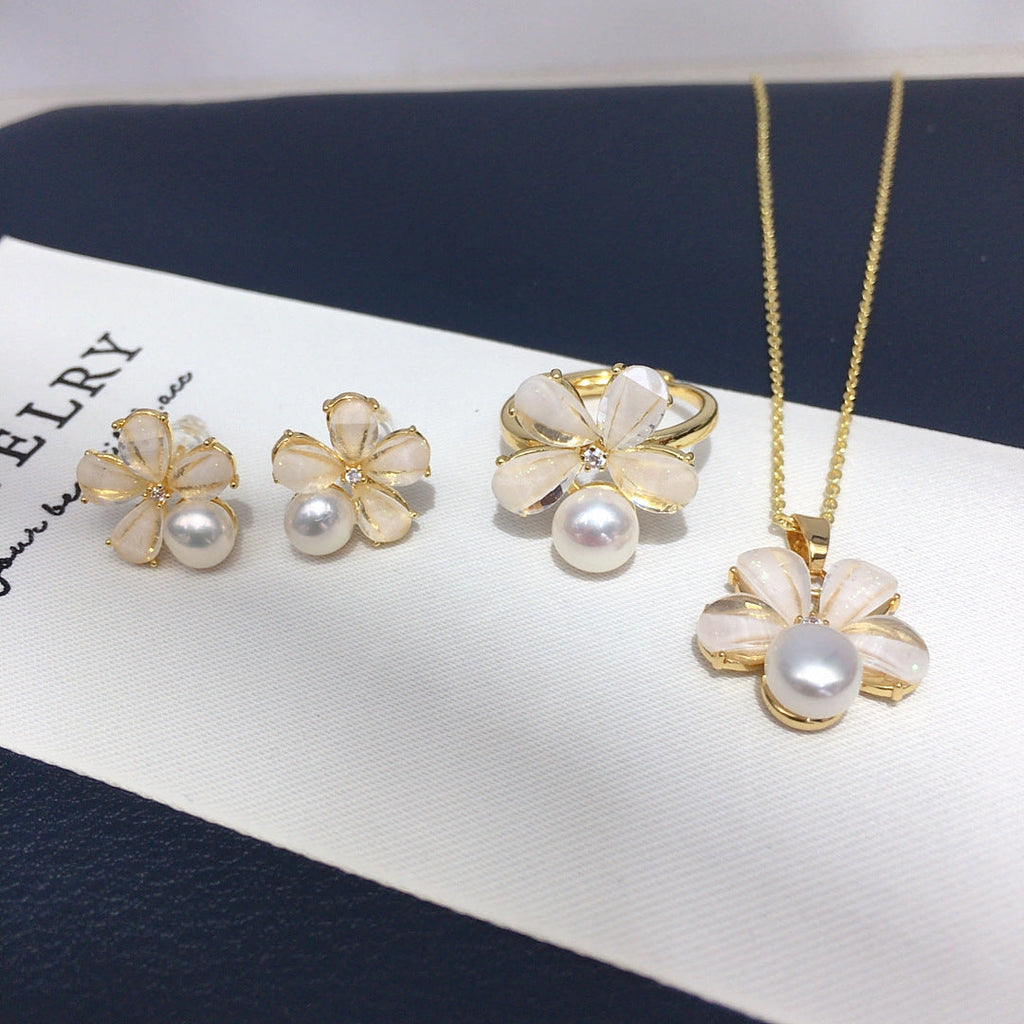 93 Natural Freshwater Pearl Pendant Ring Earrings Fresh Small Flowers Natural Freshwater Pearl Jewelry Set Simple Premium Gift