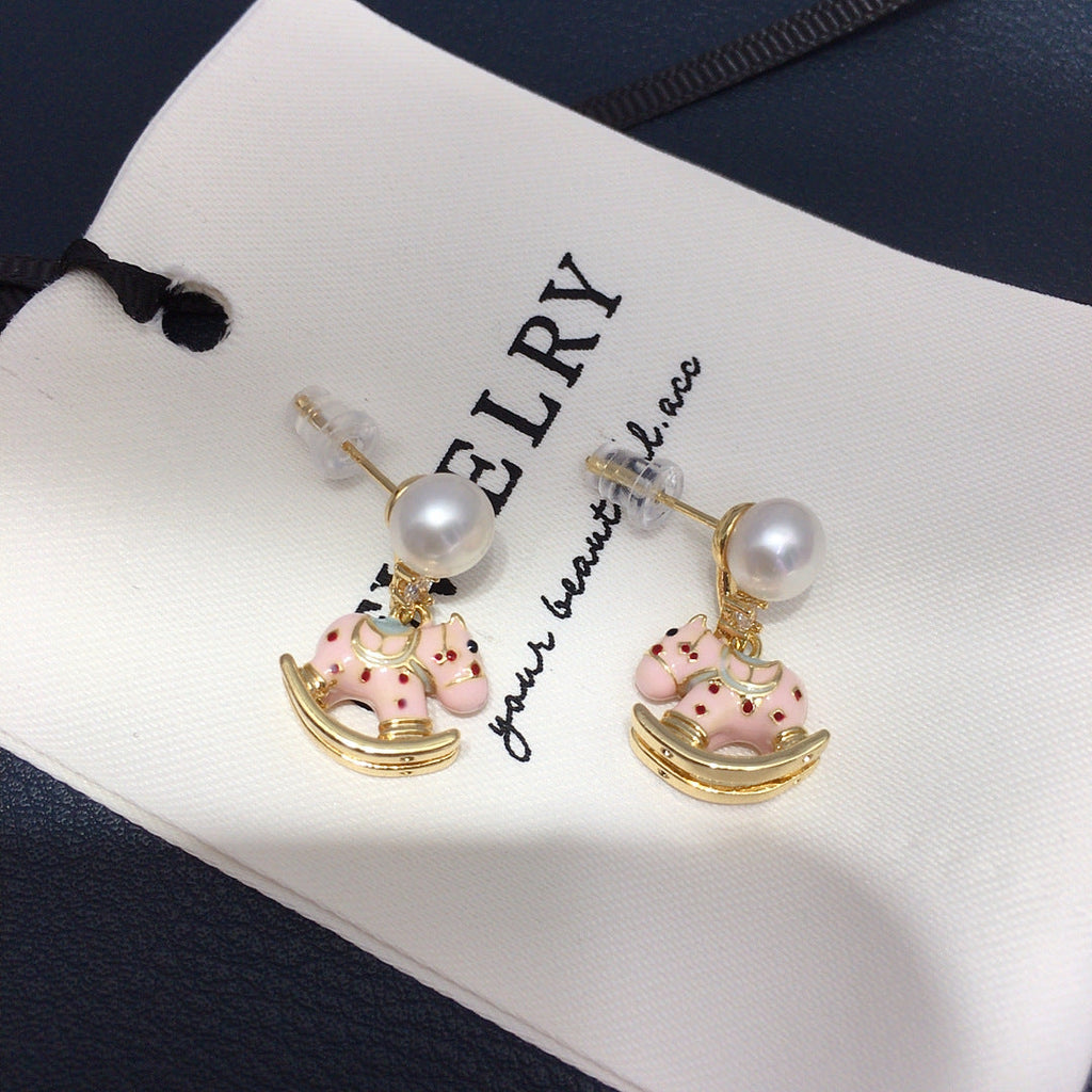 70 Natural freshwater pearl earrings Cute wooden horse shaped rocking chair earrings Simple and fashionable pearl earrings
