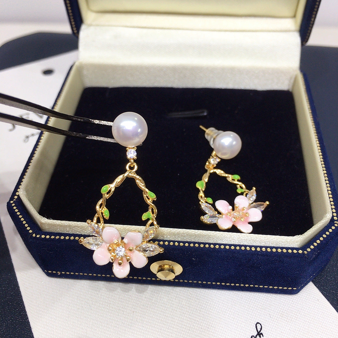 82 Natural Freshwater Pearl Earrings for Women Fresh Zircon Pink Flowers High Grade Pearl Earrings