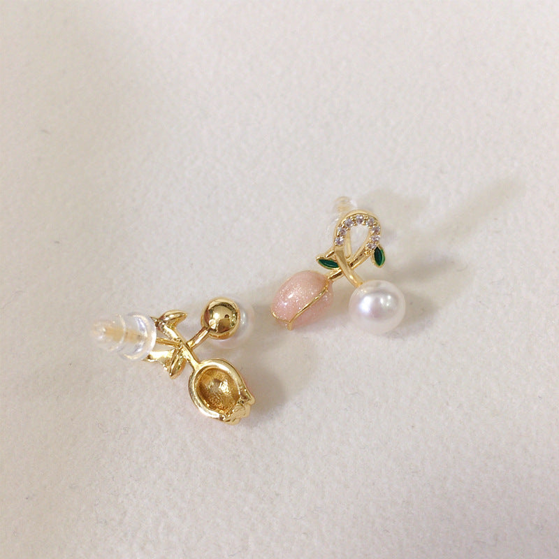62 Natural freshwater pearl earrings Fashionable and versatile women's earrings Pink tulip small fresh earrings Sweet jewelry
