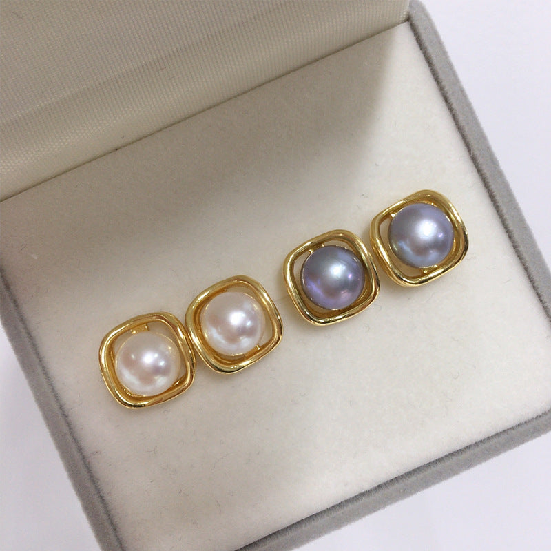 71 Natural freshwater pearl earrings Light luxury simple square pearl earrings Elegant women's jewelry