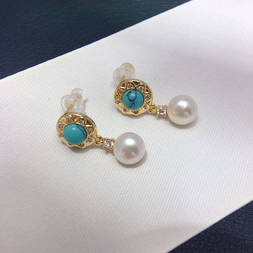 100 Natural freshwater pearl earrings for women light luxury medieval retro simple turquoise pearl earrings