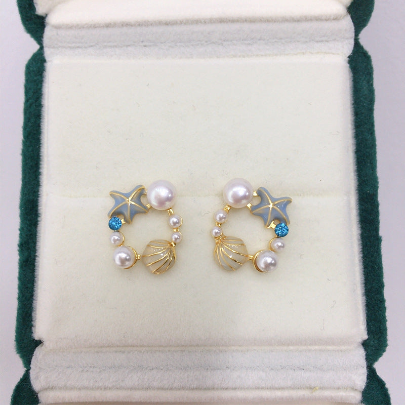 74 Natural Freshwater Pearl Earrings Sea Star Shell Pearl Earrings Exquisite and Cute Women's Jewelry