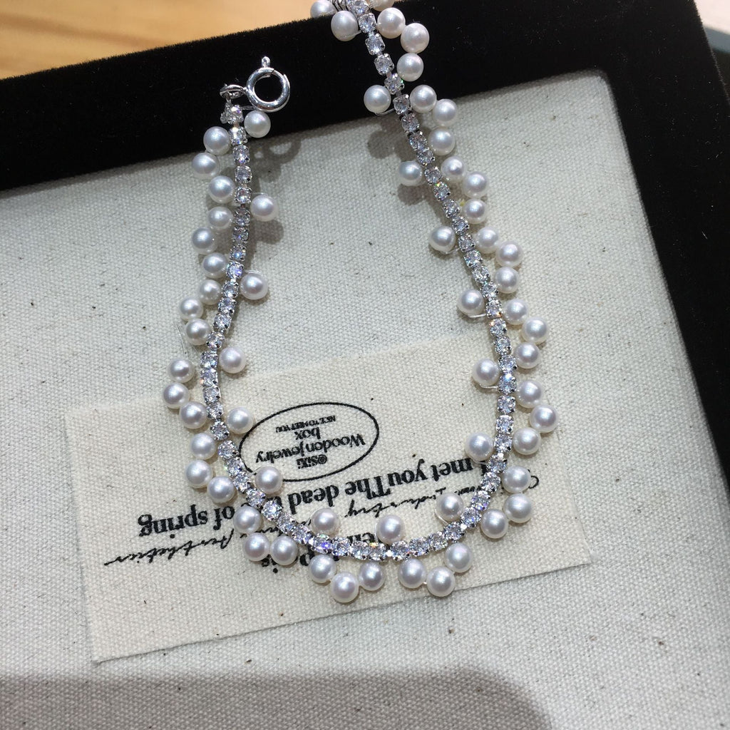 49 Hand-woven Pearl Bracelet, Natural Freshwater Pearl Bracelet for Women, Sparkling Zirconium Bracelet