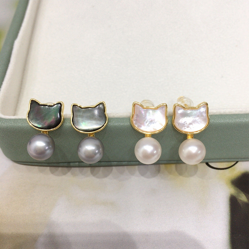 91 Natural Freshwater Pearl Earrings for Women Sea Shell Black Cat Wrapped Pearl Earrings