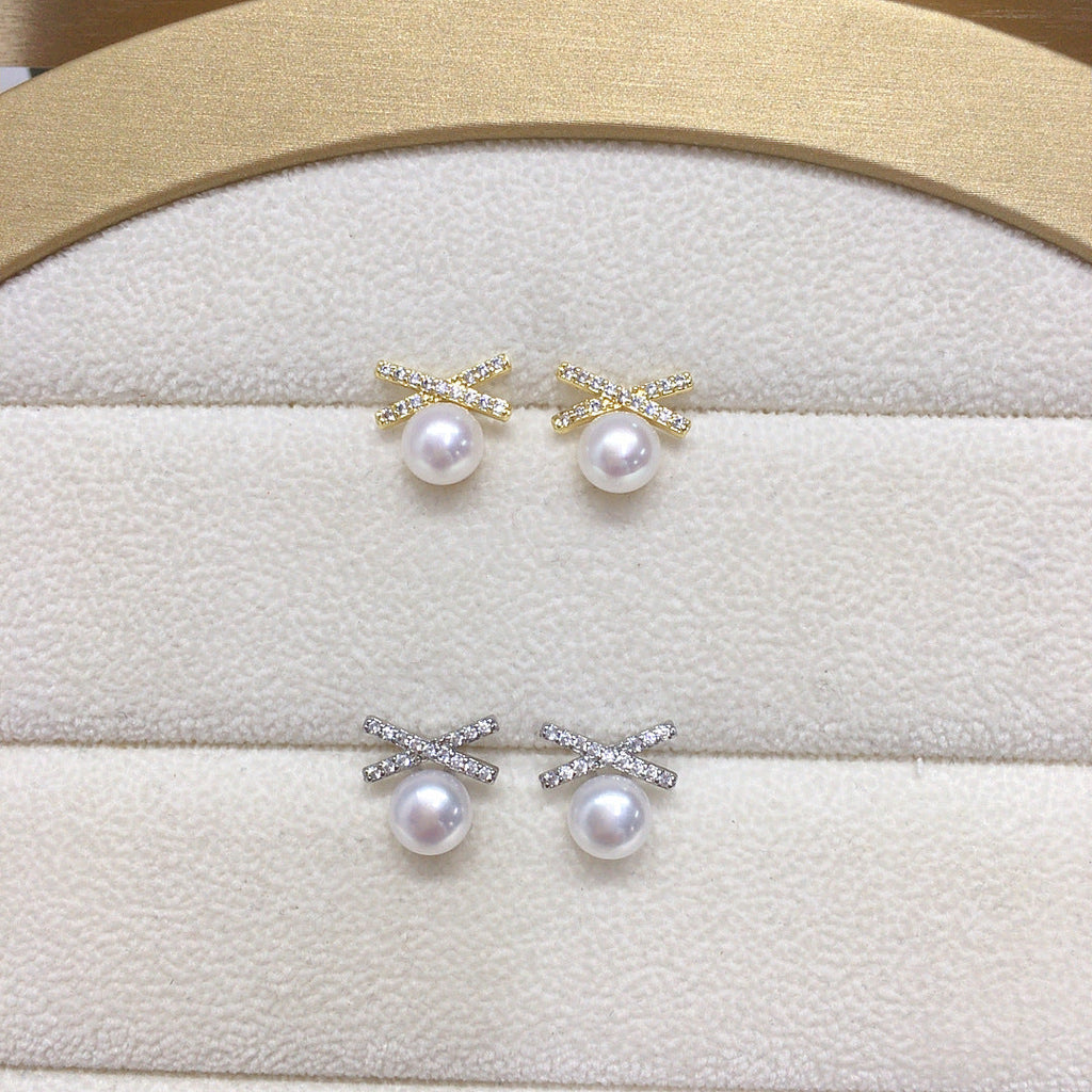 38 Natural Freshwater Pearl Earrings Classic Bestseller Geometric Cross Pearl Earrings Micro-Inlaid Zircon Jewelry