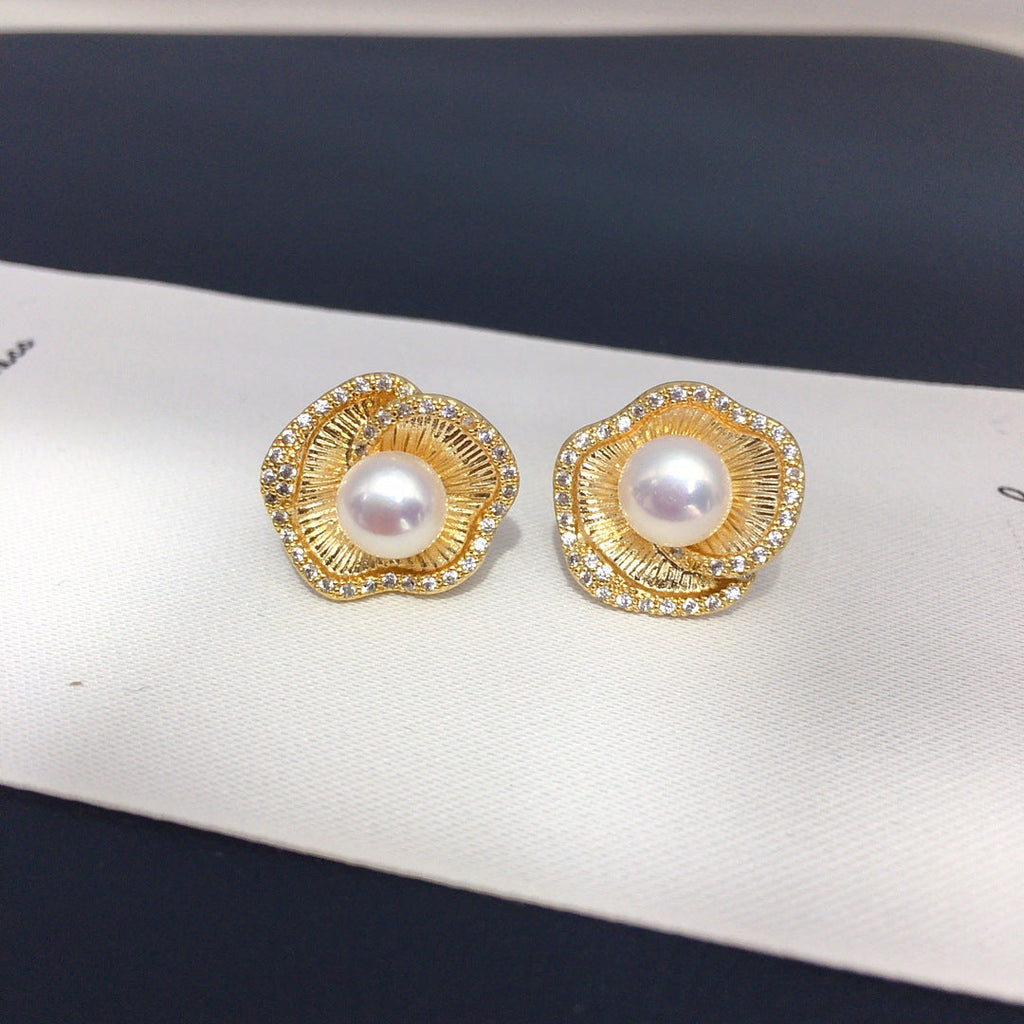 94 Exquisite natural freshwater pearl earrings elegant retro style micro inlaid zircon lotus leaf edge pearl earrings