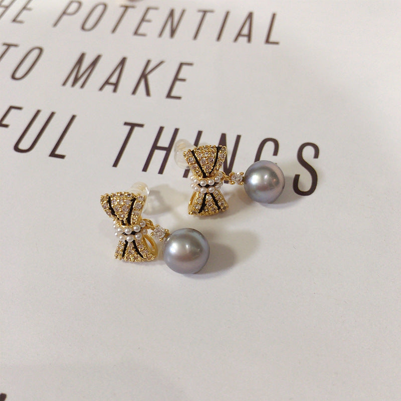 95 Natural Freshwater Pearl Earrings for Women, Light Luxury High-End Micro-Inlaid Zircon Bow Pearl Earrings