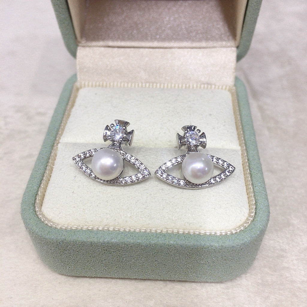 90 Natural freshwater pearl earrings fashionable simple micro inlaid zircon pearl earrings jewelry