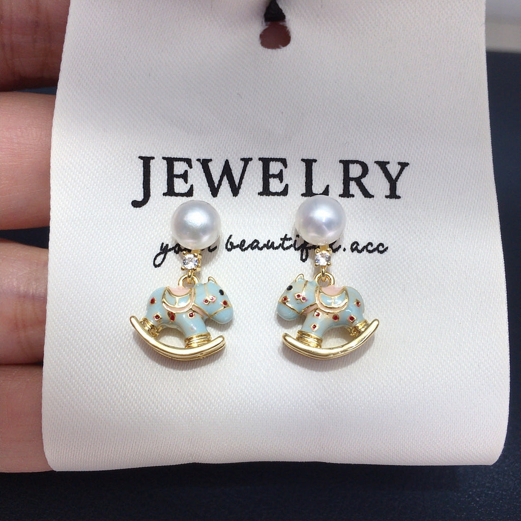 70 Natural freshwater pearl earrings Cute wooden horse shaped rocking chair earrings Simple and fashionable pearl earrings