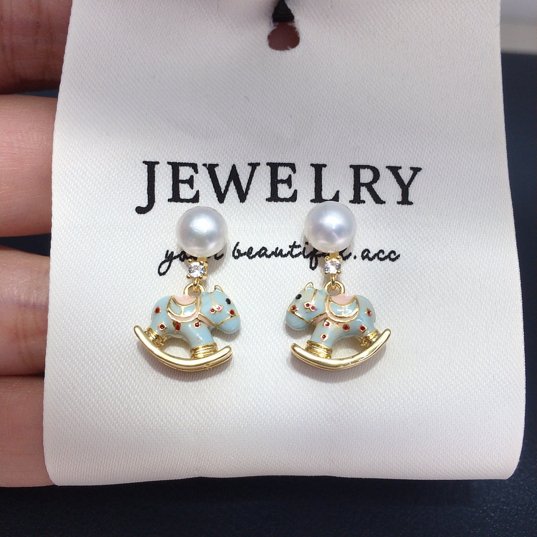 70 Natural freshwater pearl earrings Cute wooden horse shaped rocking chair earrings Simple and fashionable pearl earrings